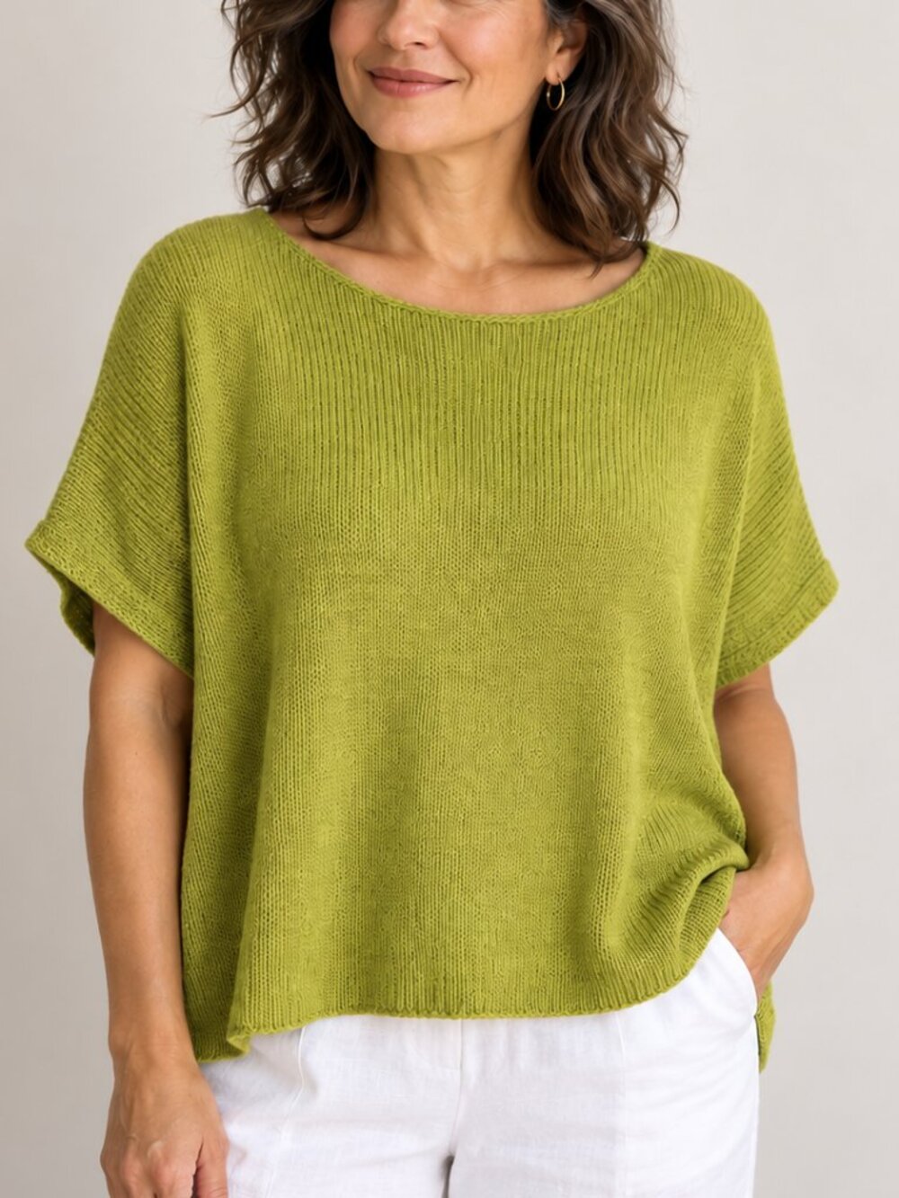 Eileen Fisher Chartreuse Green Organic Linen Cotton Boxy Knit Top XL